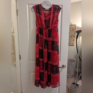 EUC- Sheer Dressberry Red and Black Sleeveless Maxi Sundress with V-neck Size M